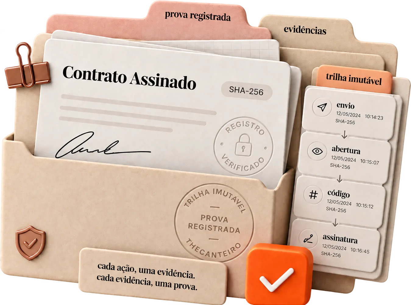 Uma pasta guardando um contrato assinado com código SHA-256 e selo de registro, ao lado da trilha imutável: envio, abertura, código e assinatura, cada etapa com data, hora e o seu próprio código.